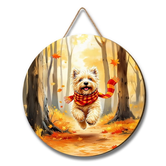 Welcome Fall Cairn Terrier Strolling Through the Autumn Maple Forest Round Wood Sign Cairns Dog Lover Hanging Wall Home Decor - 12012
