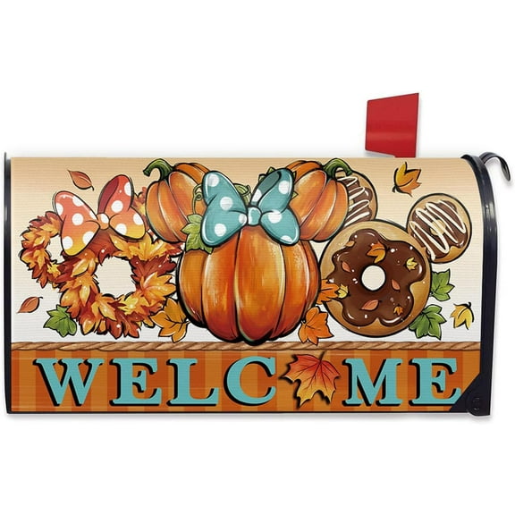 Welcome Fall Cartoon Mouse Mailbox Cover Magnetic Standard Size 21"x19", Autumn Pumpkin Wreath Doughnut Decorative Post Letter Box Wrap Decor, Thanksgiving Garden Yard Outdoor Decoration