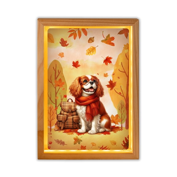 Welcome Fall Cavalier King Charles Spaniel Enjoys School Time Autumn Fall Leaves Acrylic Plaque with Wood Photo Frame Box Dog Lover Gifts Light Box - 02013