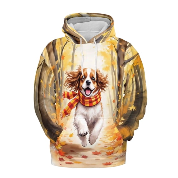Welcome Fall Cavalier King Charles Spaniel Strolling Through Autumn Maple Forest All Over Print 3D Hoodie Unisex Merch Hoodies Dog Lover Gifts - 12012