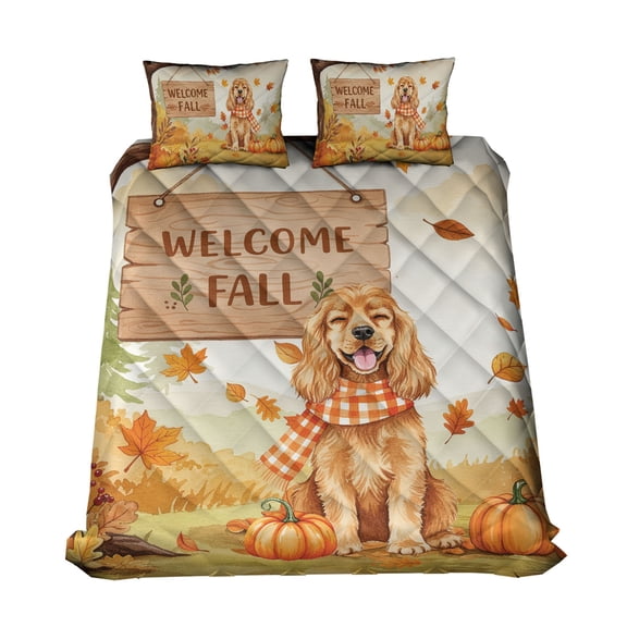 Welcome Fall Cocker Spaniel Cozy Autumn Field Pumpkins Golden Leaves Quilt Bedding Set Cockers Dog Lover Gifts 1 Blanket Bed Cover 2 Pillowcases - 12013