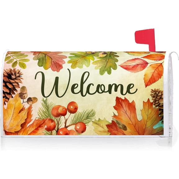 Welcome Fall Colorful Leaves Decoration Mailbox Cover with Magnetic Strip Autumn Harvest Mailbox Wraps Post Letter Box Cover Standard Size 21" X 18" Garden Farm Outdoor Yard Decor