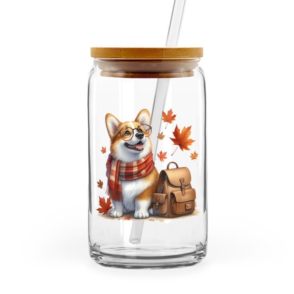 Welcome Fall Corgi Enjoys School Time Autumn Fall Leaves 16oz Glass Cup Mug Welsh Corgi Dog Lover Gifts Idea Glass Can with Bamboo Lid and Straw - 02013