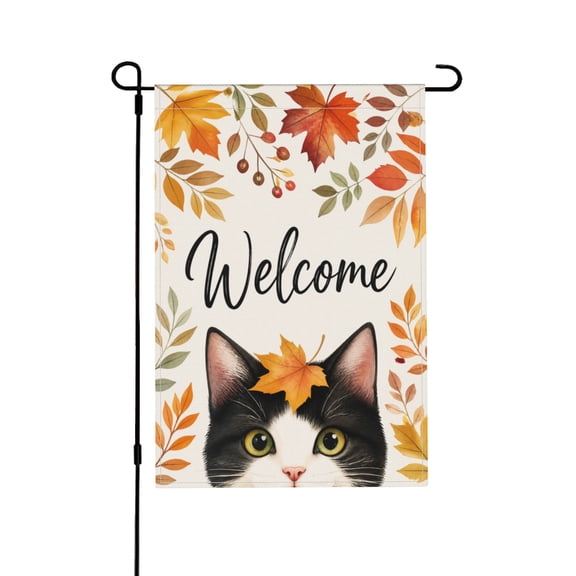 Welcome Fall Cute Cat Garden Flag for Yard Thanksgiving Holiday Outdoor Seasonal Decoration 12x18 in