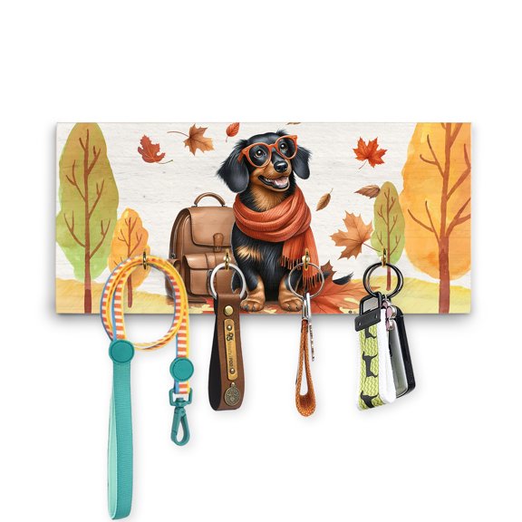 Welcome Fall Dachshund Enjoys School Time Autumn Fall Leaves Wood Key Holder Wiener Dog Lover Gifts Idea Wall-mounted Key Rack Home Decor - 02013