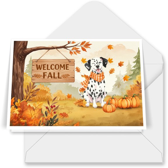 Welcome Fall Dalmatian Cozy Autumn Field Pumpkins Golden Leaves 7x5in Folded Greeting Card Dog Lover Single Note Card with Envelope - 12013