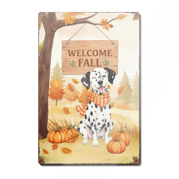 Welcome Fall Dalmatian Cozy Autumn Field Pumpkins Golden Leaves Vertical Metal Aluminum Sign Dog Lover Wall Art Home Decor - 12013
