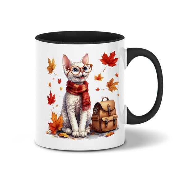 Welcome Fall Devon Rex Enjoys School Time Autumn Fall Leaves 11oz Accent Two-tone Mug Cat Lover Kitten Owner Gifts Coffee Tea Cup - 02013