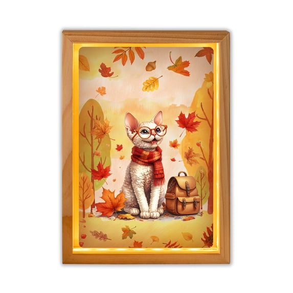 Welcome Fall Devon Rex Enjoys School Time Autumn Fall Leaves Acrylic Plaque with Wood Photo Frame Box Cat Lover Kitten Owner Gifts Light Box - 02013