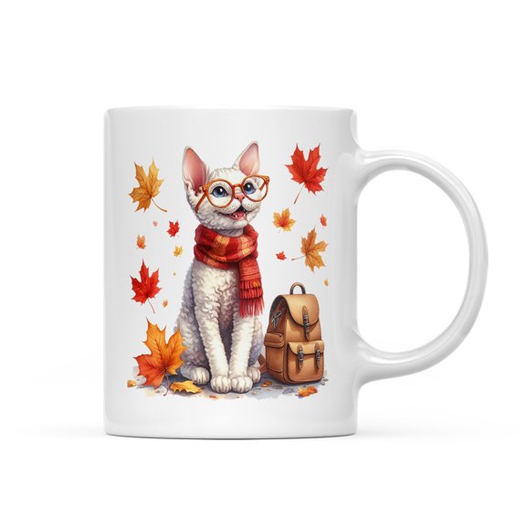 Welcome Fall Devon Rex Enjoys School Time Autumn Fall Leaves Mug Cat Lover Kitten Owner Gifts Coffee Tea Cup - 02013