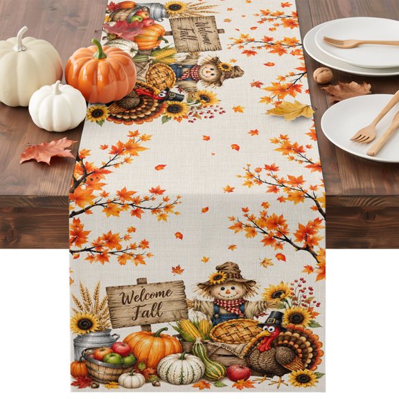Welcome Fall Dining Table Runner, Thanksgiving Country Turkey Pumpkin Sunflower Maple Leaf Washable Table Runners Kitchen Coffee Table Center Decor for Home Party Holiday Wedding 13 x 36 Inches