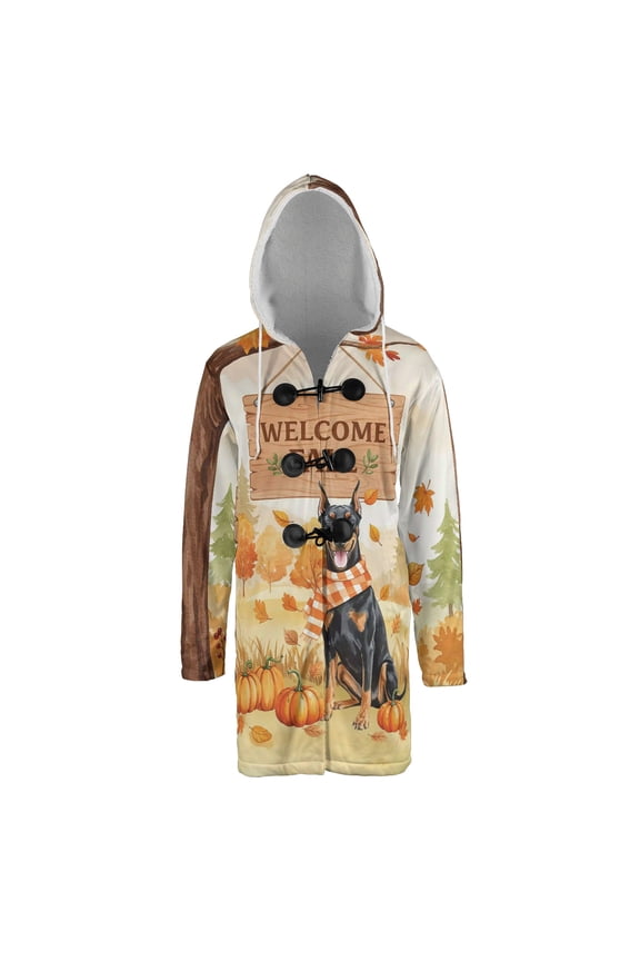 Welcome Fall Doberman Pinscher Cozy Autumn Field Pumpkins Golden Leaves All Over Print 3D Hooded Duffle Toggle Coat Doberman Dog Lover Gifts - 12013