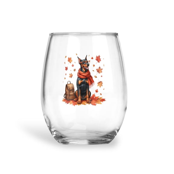 Welcome Fall Doberman Pinscher Fall Leaves 15oz Stemless Wine Glass Mug Doberman Dog Lover Gifts Wine Glasses Cup - 02013