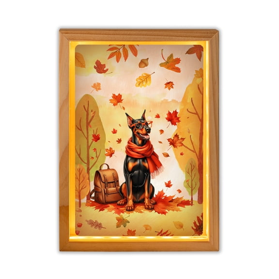 Welcome Fall Doberman Pinscher Fall Leaves Acrylic Plaque with Wood Photo Frame Box Doberman Dog Lover Gifts Light Box - 02013