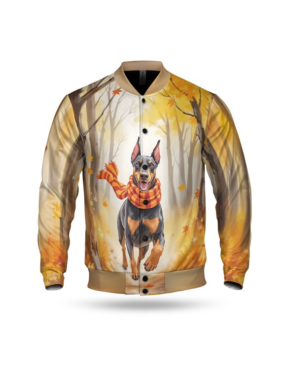 Welcome Fall Doberman Pinscher Strolling Through the Autumn Maple Forest All Over Print 3D Baseball Jacket Doberman Dog Lover Gifts Bomber Jacket Softball - 12012