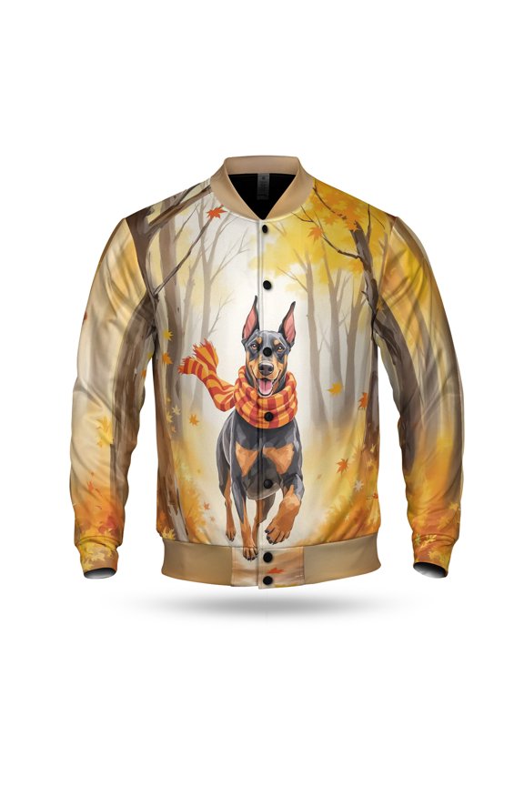 Welcome Fall Doberman Pinscher Strolling Through the Autumn Maple Forest All Over Print 3D Baseball Jacket Doberman Dog Lover Gifts Bomber Jacket Softball - 12012