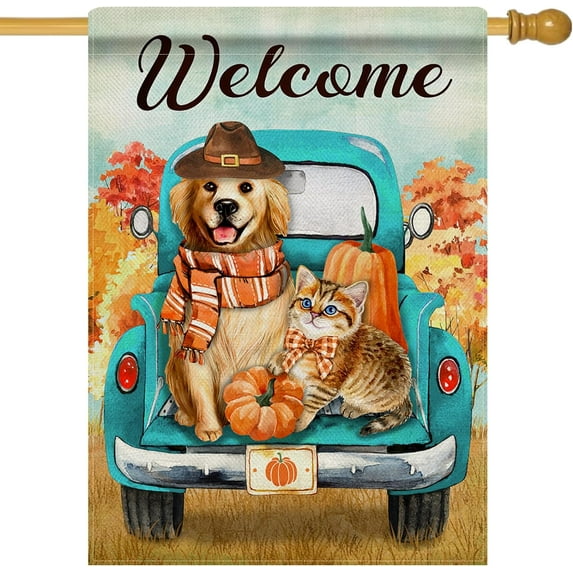 Welcome Fall Dog Cat Decorative House Flag, Autumn Truck Golden Retriever Puppy Kitty Kitten Home Yard Garden Outdoor Decor, Thanksgiving Pumpkin Farmhouse Large Outside Decoration 28 x 40