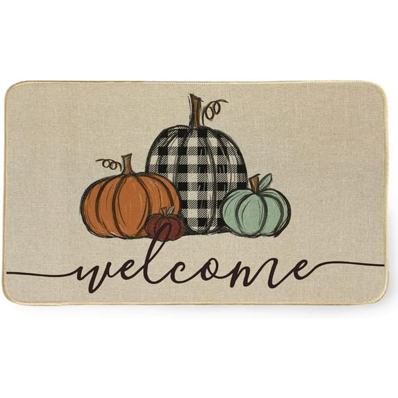 Welcome Fall Door Mat 17 x 29 Inch, Seasonal Pumpkin Decorative Doormat Non-Slip Rubber Rugs for Indoor Outdoor Entrance Floor