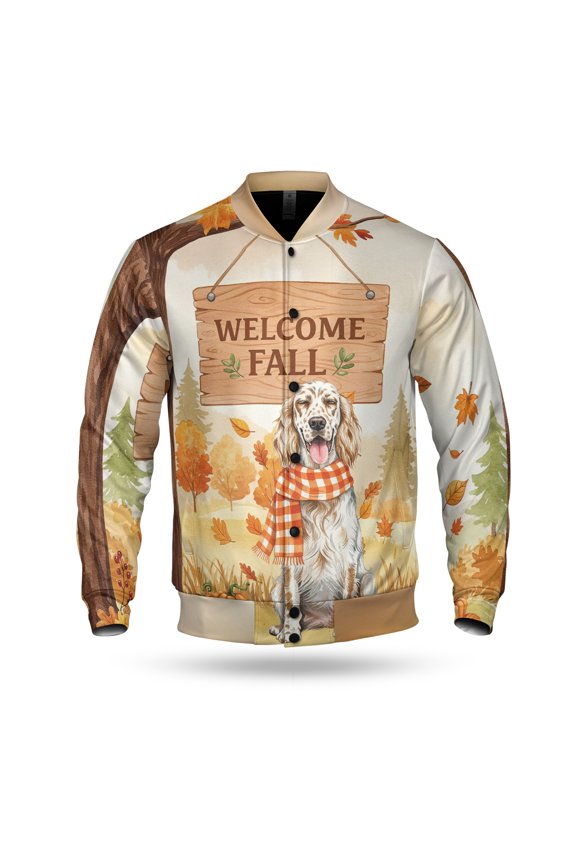 Welcome Fall English Setter Cozy Autumn Field Pumpkins Golden Leaves All Over Print 3D Baseball Jacket Dog Lover Bomber Jacket Softball - 12013