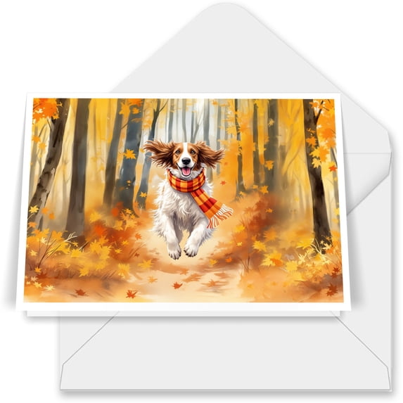 Welcome Fall English Setter Strolling Through the Autumn Maple Forest 7x5in Folded Greeting Card Dog Lover Single Note Card with Envelope - 12012