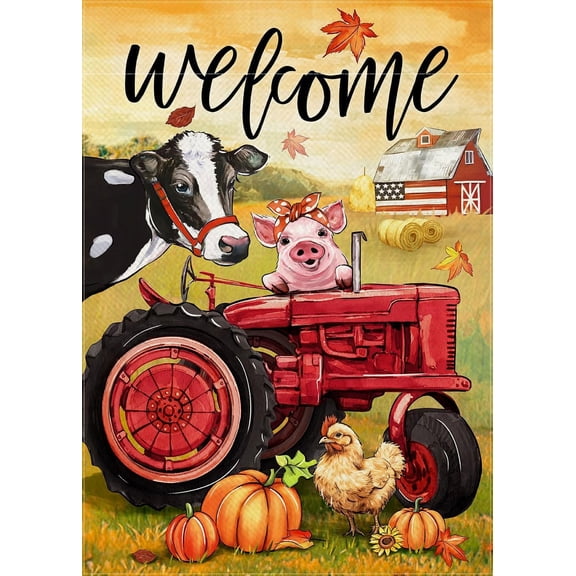 Welcome Fall Farm Animal Red Tractor Decorative Garden Flag, Autumn Cow Pig Chick Barn Country Yard Outside Decorations, Pumpkin Farmhouse Rustic Outdoor Small Home Decor Double Sided 40 x 28