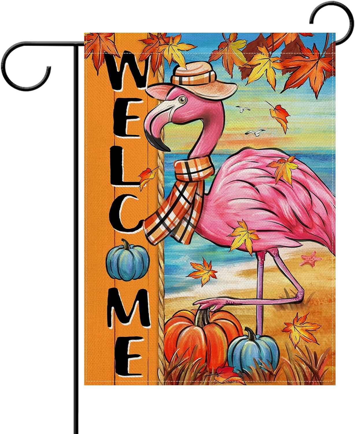 Welcome Fall Flamingo Decorative Garden Flag, Autumn Pumpkin Maple