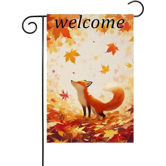 Welcome Fall Fox Garden Flag 12x18 Inch Double Sided Small Maple Leaf Autumn Thanksgiving Outdoor House Yard Decoration
