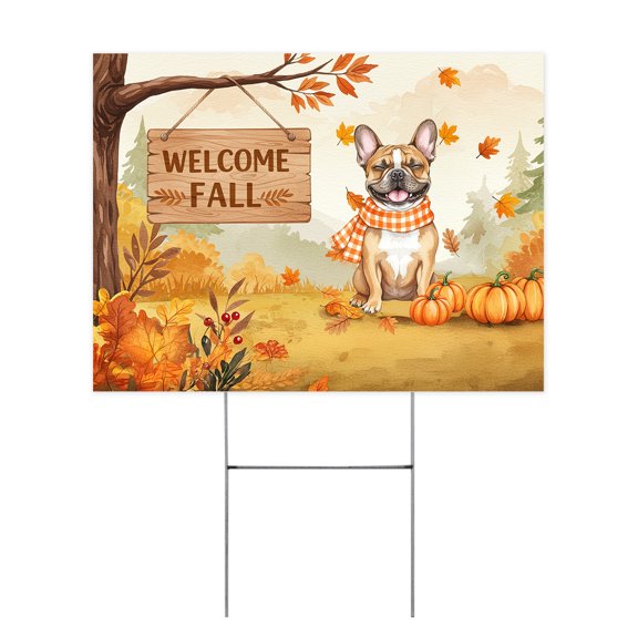 Welcome Fall French Bulldog Cozy Autumn Field Pumpkins Golden Leaves Yard Sign Dog Lover Gifts Outdoor Home Lawn Garden Porch Decor - 12013