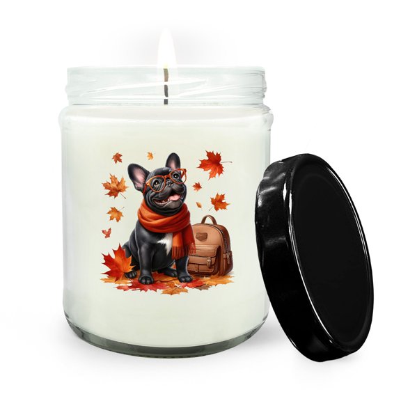 Welcome Fall French Bulldog Enjoys School Time Autumn Fall Leaves Soy Wax Candle Dog Lover Gifts 16oz White Vanilla Candle - 02013
