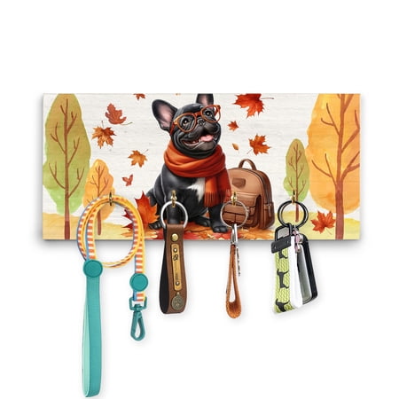 Welcome Fall French Bulldog Enjoys School Time Autumn Fall Leaves Wood Key Holder Dog Lover Gifts Wall-mounted Key Rack Home Decor - 02013