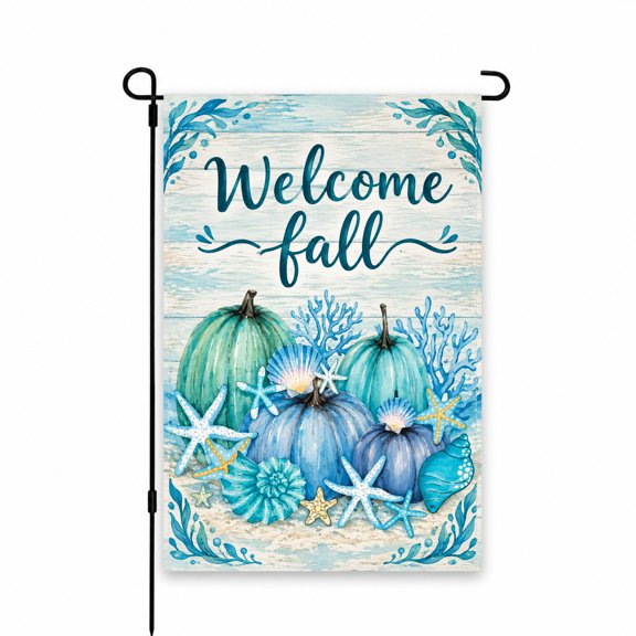 Welcome Fall Garden Flag 12x18 Inch - Coastal Blue Pumpkins, Starfish & Seashells Design, Perfect for Outdoor Autumn Decor on Lawn, Yard, Patio, or Porch