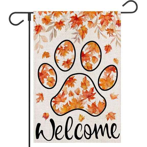 Welcome Fall Garden Flag 12x18 Inch Double Sided Outside Maple Leaves Paw Print Small Burlap Flag Outside Autumn Holiday Seasonal Yard Outdoor Decoration