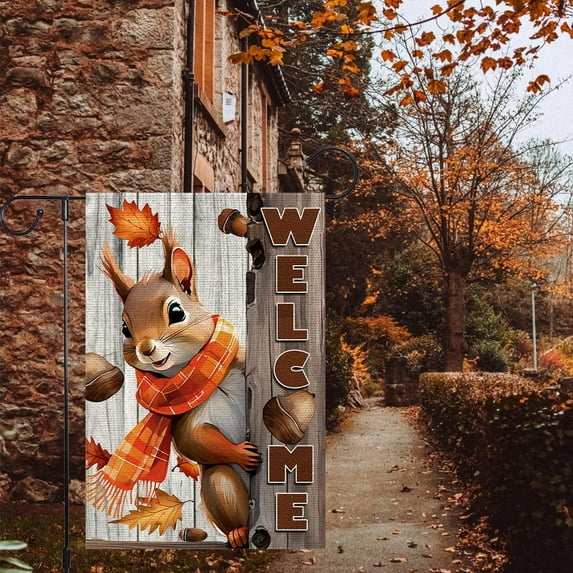Welcome Fall Garden Flag The Nut Squirrel Fall Autumn Thanksgiving Garden Flags Yard Porch House Flag For Home Outdoor Yard Patio Lawn Decor, Garden Decorations