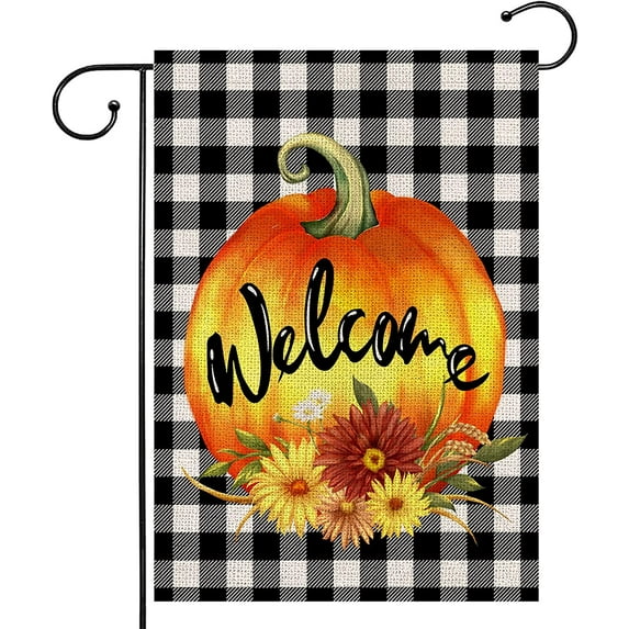 Welcome Fall Garden Flag small 12.5 x 18 Inch Double Sided Buffalo Plaid Floural Pumpkins Seasonal for Outside Thanksgiving Burlap Yard Outdoor Decor