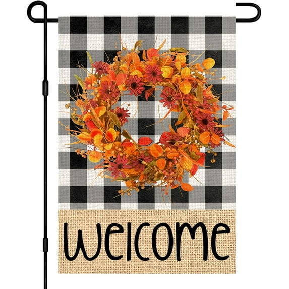 Welcome Fall Garden Flags for Outside 12.5x18 Double Sided Burlap, Buffalo Plaid Wreath Seasonal Sign Small Yard Flag Farmhouse Holiday Autumn Outdoor Decor DF570
