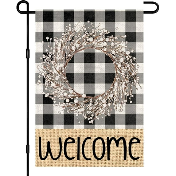 Welcome Fall Garden Flags for Outside 12.5x18 Double Sided Burlap, Buffalo Plaid Wreath Seasonal Sign Small Yard Flag Farmhouse Holiday Autumn Outdoor Decor DF570