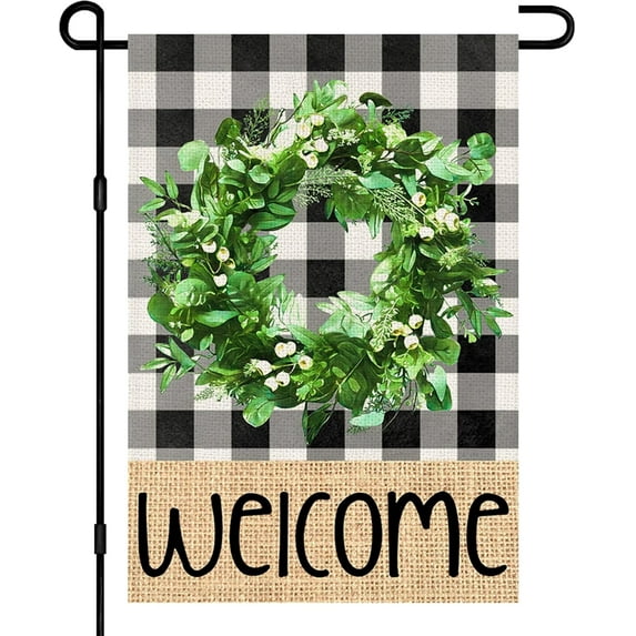 Welcome Fall Garden Flags for Outside 12.5x18 Double Sided Burlap, Buffalo Plaid Wreath Seasonal Sign Small Yard Flag Farmhouse Holiday Autumn Outdoor Decor DF570