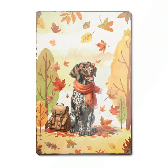 Welcome Fall German Shorthaired Pointer Enjoys School Time Autumn Fall Leaves Vertical Metal Aluminum Sign GSP Lover Dog Gift Wall Art Home Decor - 02013