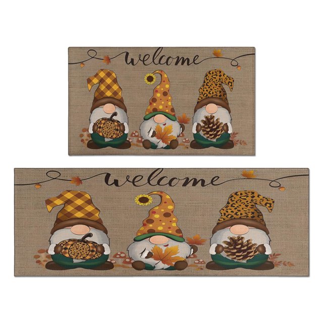 Fall Gnome Orange Kitchen Mats Autumn Thanksgiving 2 Piece Set