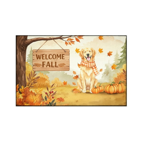 Welcome Fall Golden Retriever Cozy Autumn Field Pumpkins Golden Leaves Indoor Rug Goldens Dog Lover Gifts Idea Carpet Living Bed Room Sofa Home Decor - 12013