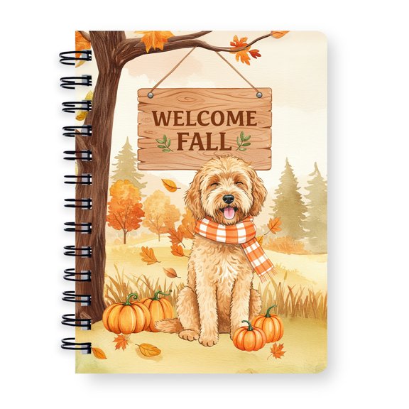 Welcome Fall Goldendoodle Cozy Autumn Field Pumpkins Golden Leaves Spiral Bound Journal Doodle Dog Lover Gifts Idea 5x7in Spiral Notebook - 12013