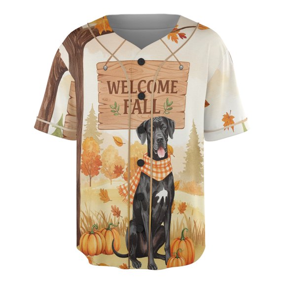 Welcome Fall Great Dane Cozy Autumn Field Pumpkins Golden Leaves All Over Print 3D Baseball Shirt Danes Dog Lover Gifts Softball Sport - 12013