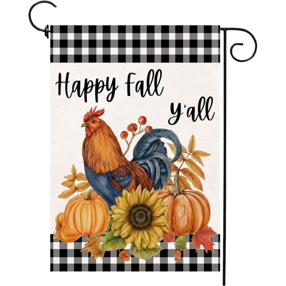 Welcome Fall Harvest Chicken Garden Flag 12x18 Double Sided Burlap Boho Buffalo Plaid Outdoor Seasonal Farmhouse House Flag
