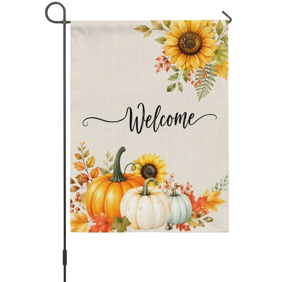 Welcome Fall House Flag 28 x 40 Inches, Thanksgiving Vintage Pumpkin Sunflower Maple Leaves Weather Proof Outdoor Patio Flags Double Sided Small House Decoration for Yard Lawn Outside Home