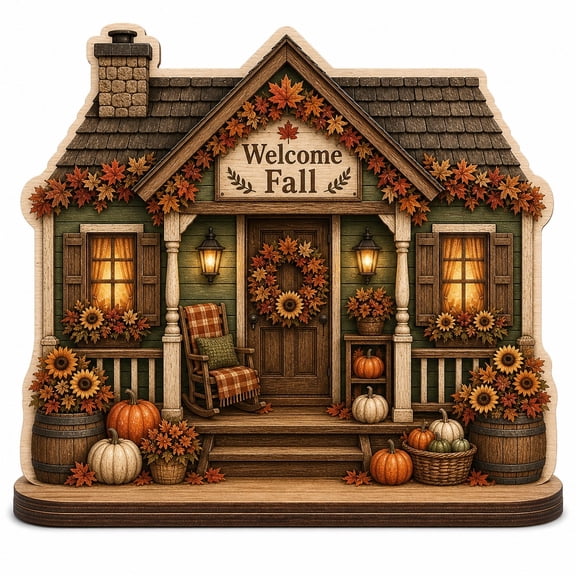 Welcome Fall House Wooden Block for Rustic Autumn Entryway Decor