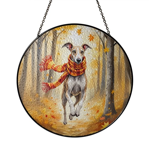 Welcome Fall Italian Greyhound Strolling Through the Autumn Maple Forest Stained Glass Suncatcher Greyhound Dog Lover Window Hanging Sign Decor - 12012