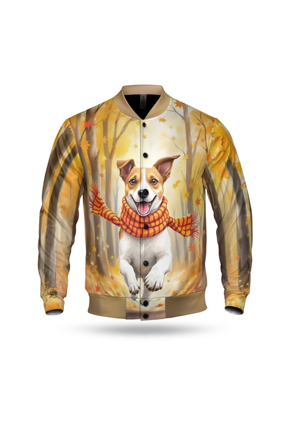 Welcome Fall Jack Russell Terrier Strolling Through the Autumn Maple Forest All Over Print 3D Baseball Jacket Parson Jack Dog Lover Bomber Jacket Softball - 12012