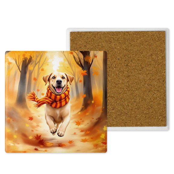 Welcome Fall Labrador Retriever Strolling Through the Autumn Maple Forest Set of 4 Stone Coasters Lab Dog Lover Gifts 4x4in Absorbent Soapstone Coaster - 12012