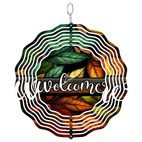Welcome Fall Leaf Faux Stained Glass 3D Wind Spinner, Autumn Foliage Kinetic Sculpture, Seasonal Decor