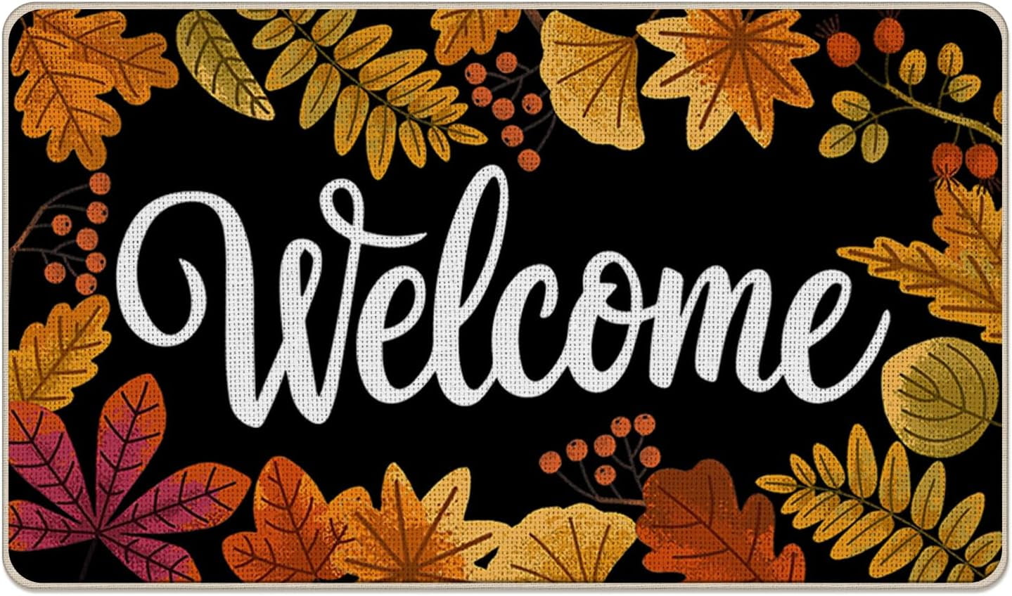 Welcome Fall Leaves Front Door Mat, Autumn Fallen Leaf Red Berry Decorative Doormat Non-Slip Floor Entryway Rug, Seasonal Indoor Outdoor Home Kitchen Decoration 17x29 Inches